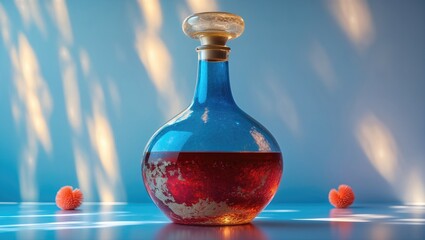 Elegant glass bottle with a captivating red liquid, surrounded by soft lighting and decorative pom-poms on a surface