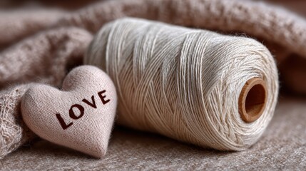 A spool of ivory wedding thread and a needle stuck in satin fabric, minimalist love banner