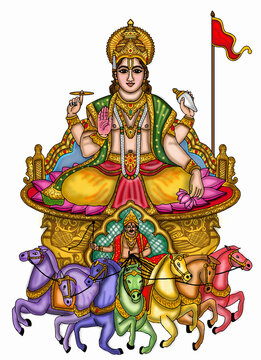 hand drawn digital art of Lord Surya on his seven horses chariot with charioteer Aruna