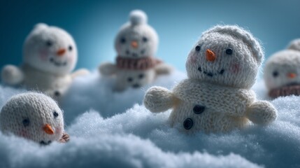A close-up, enchanting view of several small, adorable knitted snowmen resting gently on a layer of soft, pristine artificial snow. 