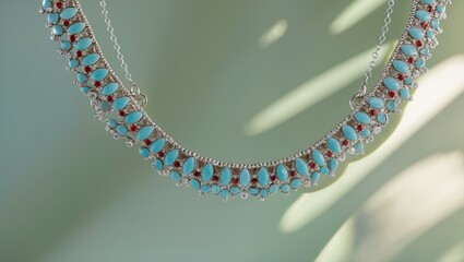 Elegant silver necklace adorned with turquoise stones, displayed against a soft blurred background, highlighting its intricate design and vibrant