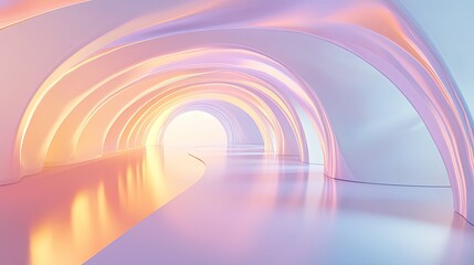 Abstract tunnel featuring smooth arched structures and a winding floor, glowing with soft pastel gradients and a luminous light at the far end, symbolizing a path forward or progression