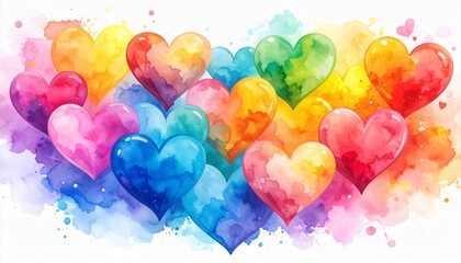 Abstract Watercolor-Style Vector Hearts Blended with Rainbow Tones