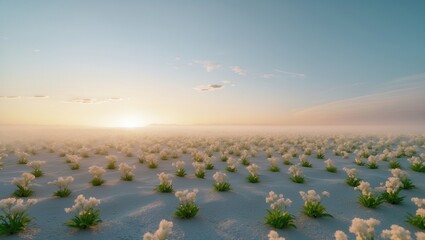 Expansive field of white flowers under a serene sky during sunset with soft clouds