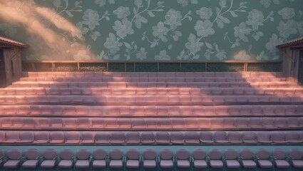 Empty auditorium with pastel pink seats illuminated by soft sunlight, adorned with floral wallpaper