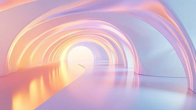 Abstract tunnel featuring smooth arched structures and a winding floor, glowing with soft pastel gradients and a luminous light at the far end, symbolizing a path forward or progression
