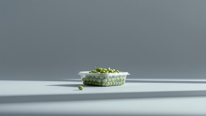 Translucent container filled with fresh green grapes on a minimalist gray surface with soft shadows