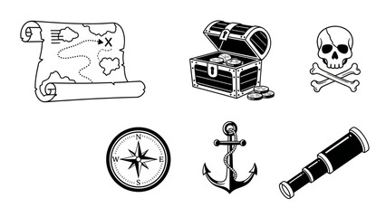 Black and white pirate symbols treasure map chest skull compass anchor