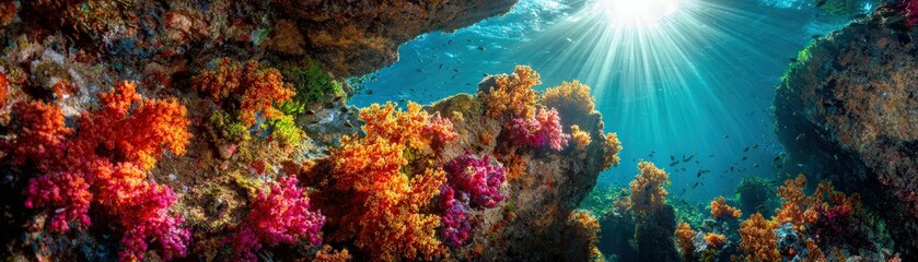 Fototapeta premium Vibrant coral reefs teeming with colorful fish and illuminated by sunlight filtering through the water's surface.