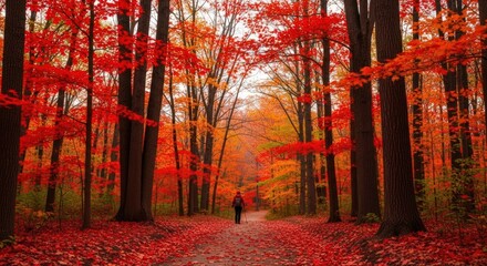 Person walks on a colorful path through a vibrant autumn forest with bright red and orange leaves.