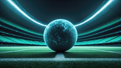 Futuristic glowing sphere resting on a football field, illuminated by stadium lights at night
