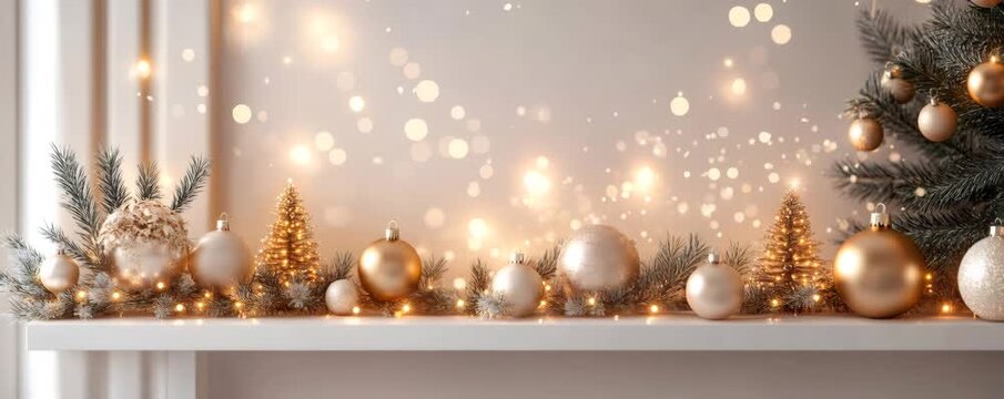 Elegant christmas mantelpiece displaying sparkling gold and white ornaments, pine branches, and twinkling string lights creating a festive holiday atmosphere