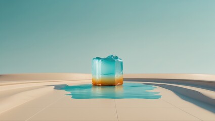 Abstract geometric structure with blue and orange gradient against a clear sky, evoking calmness and minimalism