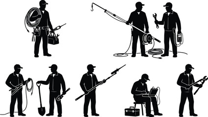Obraz premium Silhouettes of technicians and repair workers handling cables, tools, pressure washers, and electrical equipment, performing maintenance tasks and professional technical service operations.