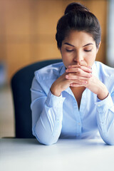 Stress, anxiety and business woman in office with worry for problem solving, solution and career....