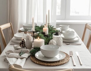 Fototapeta premium Minimalist Christmas dining table with candles, pine greenery, and neutral tableware, creating a warm, elegant, and cozy holiday atmosphere.