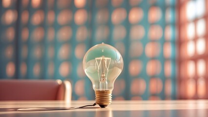 A glowing vintage light bulb on a wooden table with a softly lit background creating a warm atmosphere