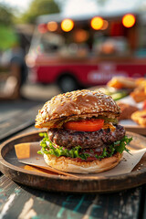 Juicy hamburger with fresh ingredients served on a wooden plate at a food truck festival