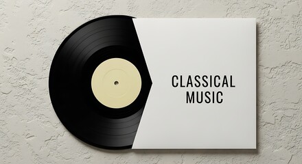 Black vinyl record partially emerging from a white classical music album cover