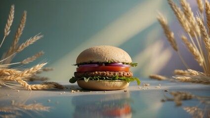 A visually appealing gourmet burger with fresh ingredients, set against a softly lit background with golden wheat