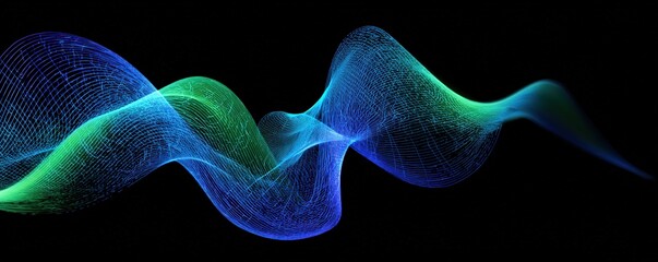 A vibrant, abstract wave of blue and green lines, creating a dynamic visual effect against a dark background.