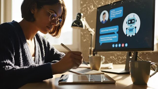 Woman chats with AI chatbot using tablet at desk. User interacts with robot assistant on screen. Woman writes on tablet while chatbot responds. Digital AI conversation at home office workspace.