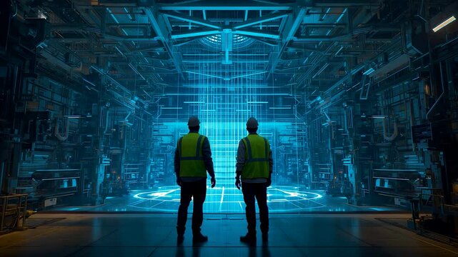 Two Technicians Observing Massive Digital Core Inside High Tech Data Facility with Blue Grid Architecture and Advanced Computing Systems