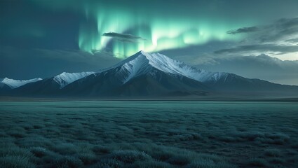 Majestic mountain landscape under vibrant auroras with snow-capped peaks and a serene atmosphere