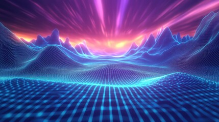 Abstract digital landscape featuring glowing blue waves and undulating forms under a vibrant futuristic sky, representing interconnected data and technological advancement