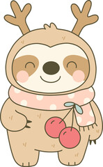 Happy Sloth with Reindeer Antlers and Pink Polka Dot Scarf Holding Cherries