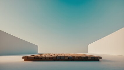 Minimalist architectural design featuring a raised wooden platform beneath a clear blue sky, surrounded by sleek white walls, creating a serene and