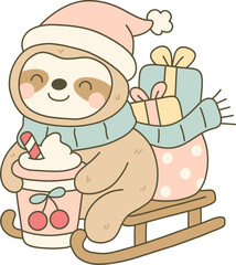 Cartoon Sloth in Santa Hat on Sleigh with Gifts and Hot Drink, Merry Christmas Clipart