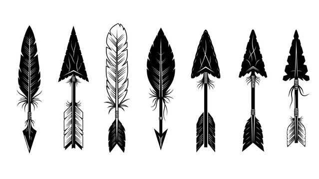 Decorative arrow and feather designs in black and white isolated elements