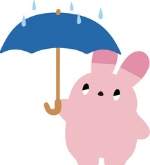 雨の中で傘をさして無表情なピンクのうさぎのイラスト素材