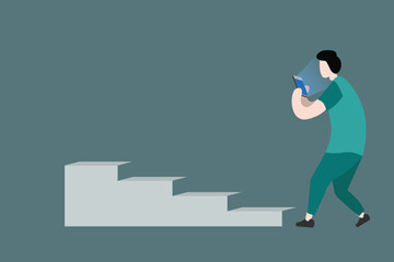 Obraz premium A man focused on his smartphone while standing in front of stairs, symbolizing distraction, awareness, and modern lifestyle challenges.