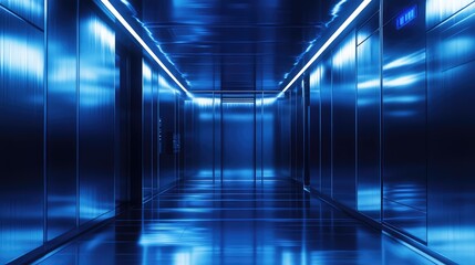 Futuristic hallway featuring sleek metallic walls and a reflective floor, illuminated by vibrant blue led strip lights creating a high tech perspective within a contemporary building interior
