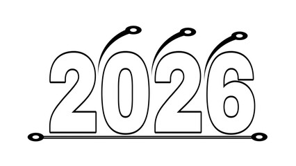 Modern 2026 digital tech number outline logo on white background with black circuit lines