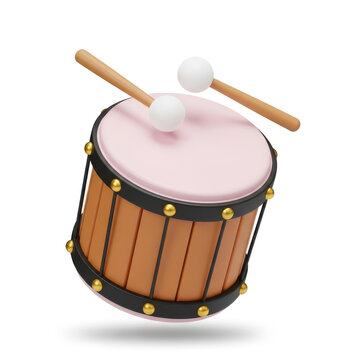 3D rander of a drum with drumsticks isolated on white and transparent background