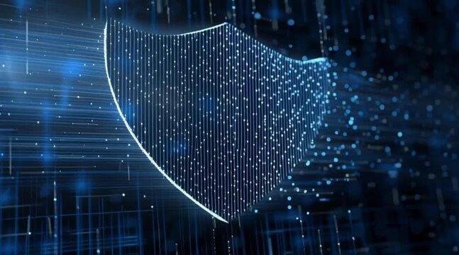 Dynamic blue shield formed of tiny glowing dots moving rapidly