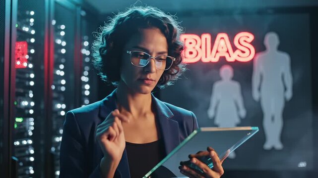 Woman analyzes bias data on tablet near neon bias sign. Businesswoman reviews tablet showing gender bias icons. Woman studies bias using digital tablet. Office analysis of bias data on tablet device.