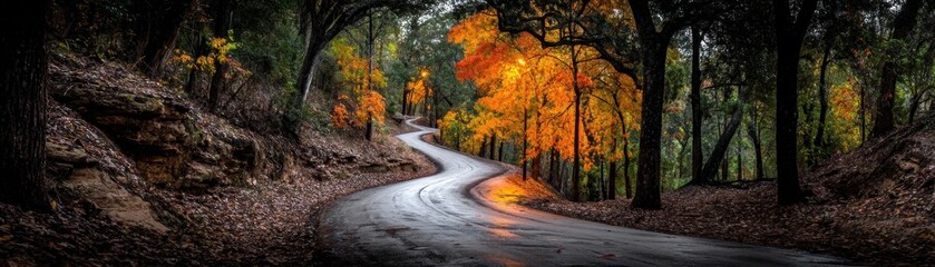 Naklejka premium A winding road curves through a forest adorned with vibrant autumn foliage, creating a serene and picturesque landscape.