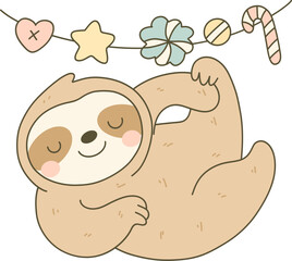 Lazy Sloth Relaxing Under Christmas Gingerbread Garland, Holiday Relaxation Clipart