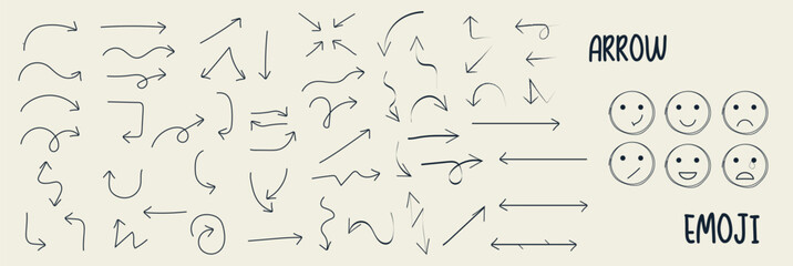 Hand drawn arrow set with various directions, curves and styles, combined with simple emoji faces. Doodle sketch vector illustration