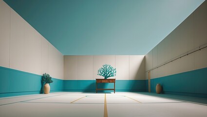 Minimalist interior of an empty room featuring a vibrant blue wall and decorative tree