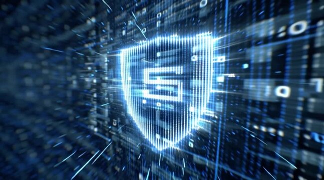 Dynamic shield logo with glowing blue light in futuristic digital environment