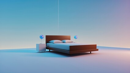 Contemporary bedroom interior with a minimalist wooden bed, soft bedding, and decorative lamps in pastel colors