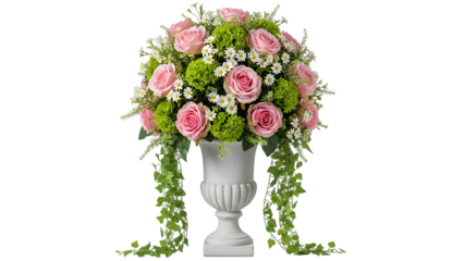 Beautiful pink roses in a white vase isolated on transparent background