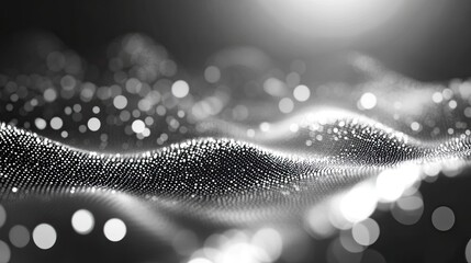 Digital wave processing abstract glowing particles creates a dynamic, futuristic technology background, illustrating concepts of data flow, network connection, and digital innovation