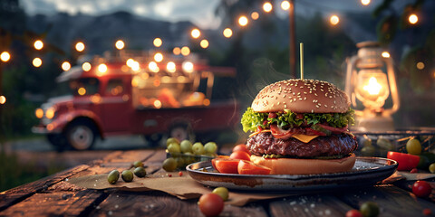 Juicy hamburger with fresh toppings on a rustic wooden table at a vibrant outdoor food truck event