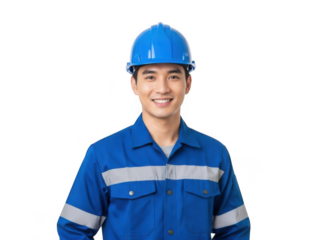 Smiling construction worker in blue uniform and hard hat